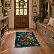 dark teal pink folk floral traditional area rug, front room mockup