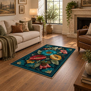 dark teal pink folk floral traditional area rug, design detail view