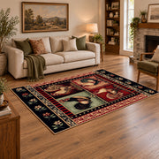 black red vintage portrait collage traditional area rug, featured room view