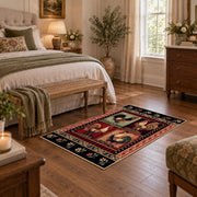 black red vintage portrait collage traditional area rug, cozy home setting