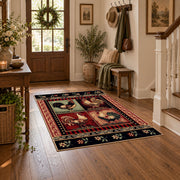 black red vintage portrait collage traditional area rug, wood floor styling