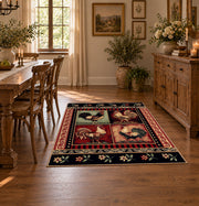 black red vintage portrait collage traditional area rug, close decorative detail
