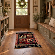 black red vintage portrait collage traditional area rug, front room mockup
