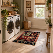 black red vintage portrait collage traditional area rug, wide interior view