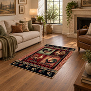 black red vintage portrait collage traditional area rug, design detail view