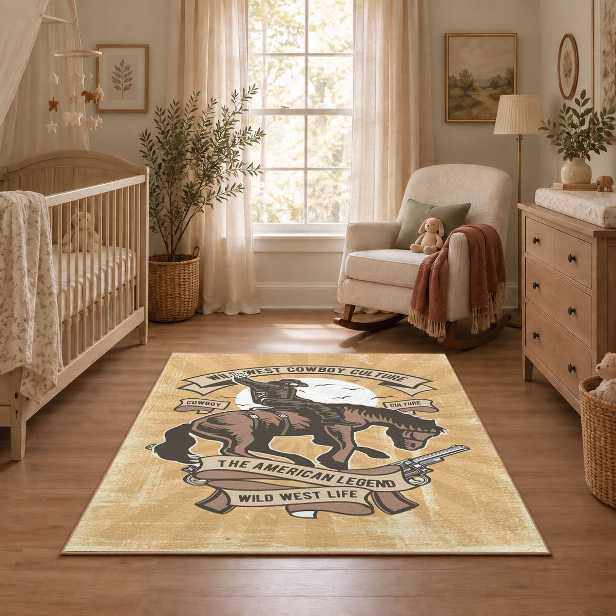 beige vintage motorcycle workshop biker area rug, featured room view
