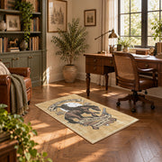 beige vintage motorcycle workshop biker area rug, complete product view
