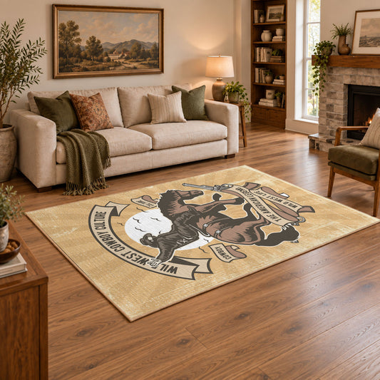 beige vintage motorcycle workshop biker area rug, angled room view