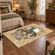 beige vintage motorcycle workshop biker area rug, full pattern view