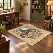 beige vintage motorcycle workshop biker area rug, soft surface detail