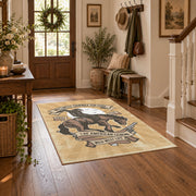 beige vintage motorcycle workshop biker area rug, wood floor styling