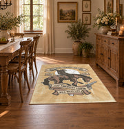 beige vintage motorcycle workshop biker area rug, close decorative detail