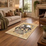 beige vintage motorcycle workshop biker area rug, design detail view