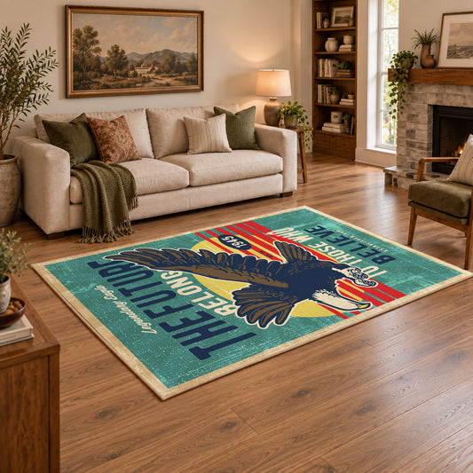 teal red patriotic eagle motorcycle vintage area rug, angled room view