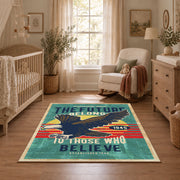 teal red patriotic eagle motorcycle vintage area rug, full pattern view