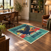 teal red patriotic eagle motorcycle vintage area rug, soft surface detail