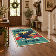 teal red patriotic eagle motorcycle vintage area rug, wood floor styling