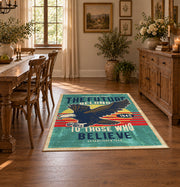 teal red patriotic eagle motorcycle vintage area rug, close decorative detail