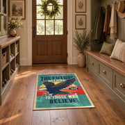 teal red patriotic eagle motorcycle vintage area rug, front room mockup