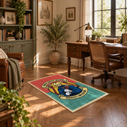 Vintage biker badge area rug in coral and teal with a motorcycle-inspired design, complete product view
