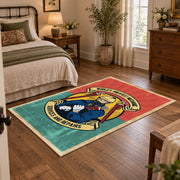 Vintage biker badge area rug in coral and teal with a motorcycle-inspired design, full pattern view