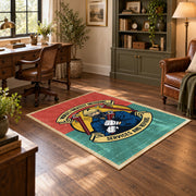 Vintage biker badge area rug in coral and teal with a motorcycle-inspired design, soft surface detail