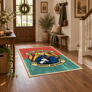 Vintage biker badge area rug in coral and teal with a motorcycle-inspired design, wood floor styling