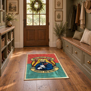 Vintage biker badge area rug in coral and teal with a motorcycle-inspired design, front room mockup