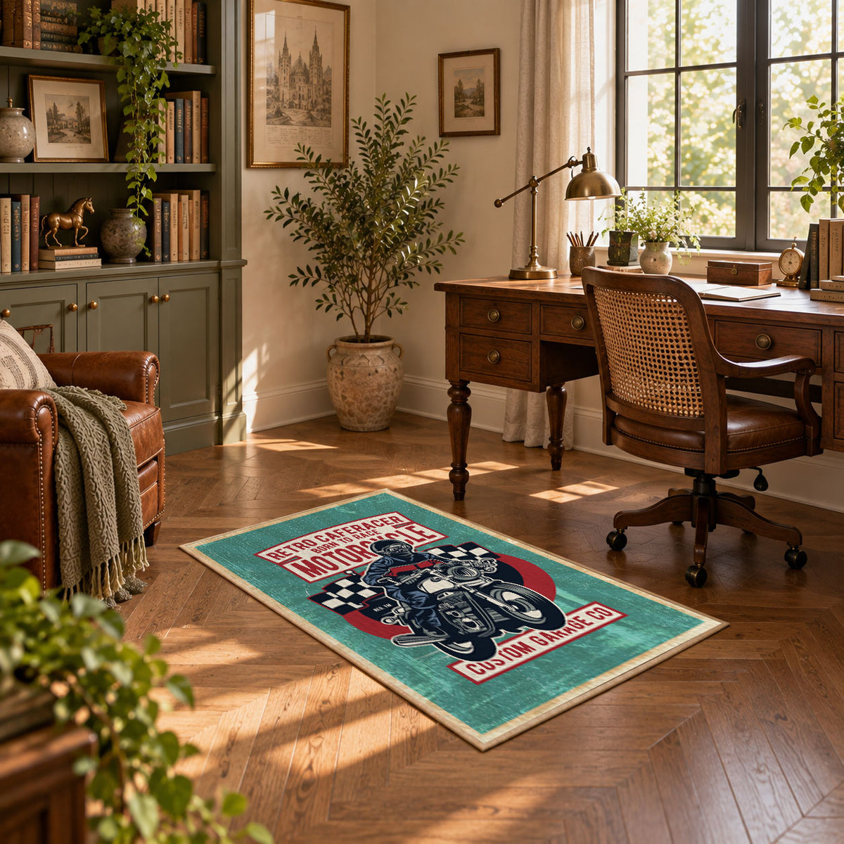 Motorcycle repair graphic area rug in teal, red, black, and cream, featured room view