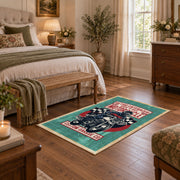 Motorcycle repair graphic area rug in teal, red, black, and cream, complete product view