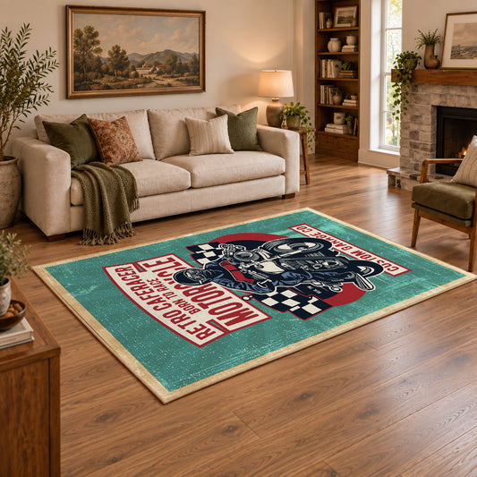 Motorcycle repair graphic area rug in teal, red, black, and cream, angled room view