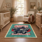 Motorcycle repair graphic area rug in teal, red, black, and cream, full pattern view