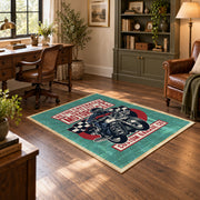 Motorcycle repair graphic area rug in teal, red, black, and cream, wood floor styling