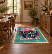 Motorcycle repair graphic area rug in teal, red, black, and cream, front room mockup