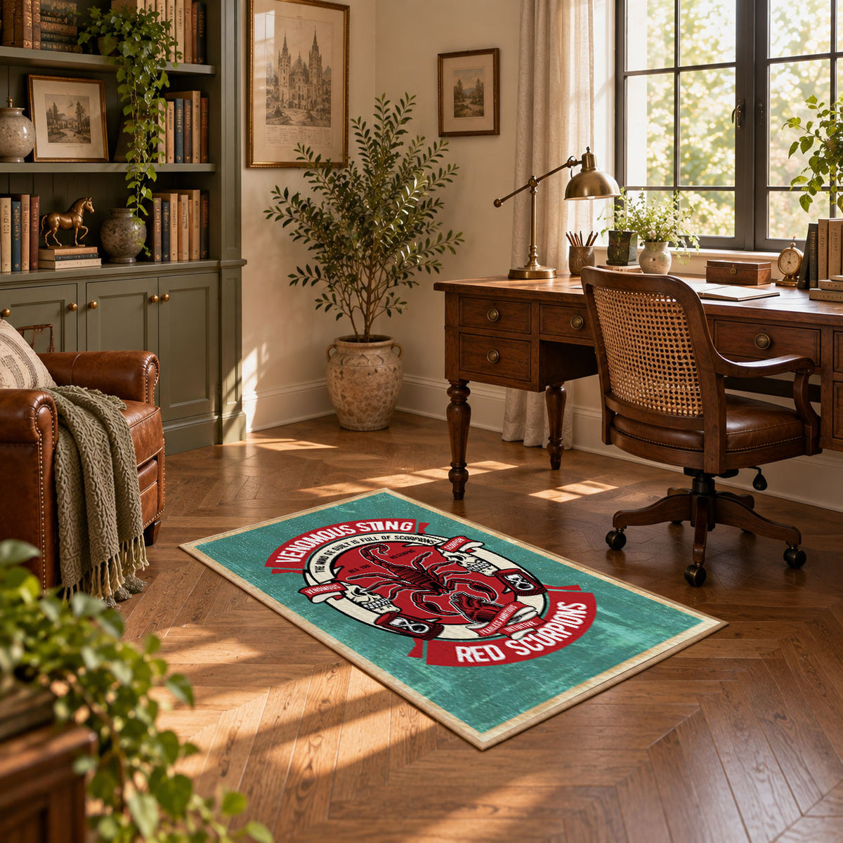 Skull motorcycle emblem area rug in red, teal, coral, and black, featured room view