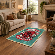 Skull motorcycle emblem area rug in red, teal, coral, and black, cozy home setting
