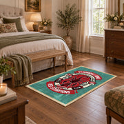 Skull motorcycle emblem area rug in red, teal, coral, and black, complete product view