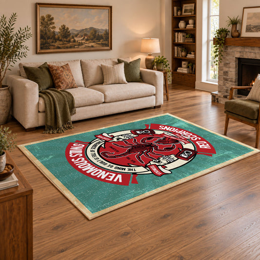 Skull motorcycle emblem area rug in red, teal, coral, and black, angled room view