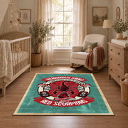 Skull motorcycle emblem area rug in red, teal, coral, and black, full pattern view