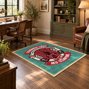 Skull motorcycle emblem area rug in red, teal, coral, and black, wood floor styling