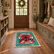 Skull motorcycle emblem area rug in red, teal, coral, and black, wide interior view
