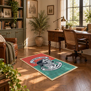Vintage motorcycle mechanic area rug in teal, red, black, and cream, complete product view