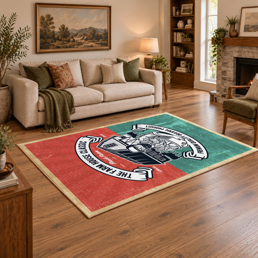 Vintage motorcycle mechanic area rug in teal, red, black, and cream, angled room view