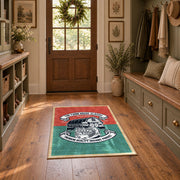 Vintage motorcycle mechanic area rug in teal, red, black, and cream, front room mockup