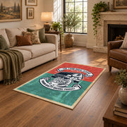 Vintage motorcycle mechanic area rug in teal, red, black, and cream, design detail view
