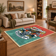 Vintage chef cooking area rug in coral, teal, yellow, and black, angled room view