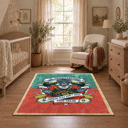 Vintage chef cooking area rug in coral, teal, yellow, and black, full pattern view