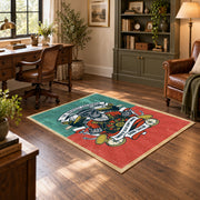 Vintage chef cooking area rug in coral, teal, yellow, and black, wood floor styling