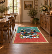 Vintage chef cooking area rug in coral, teal, yellow, and black, close decorative detail