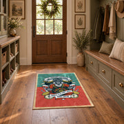 Vintage chef cooking area rug in coral, teal, yellow, and black, front room mockup